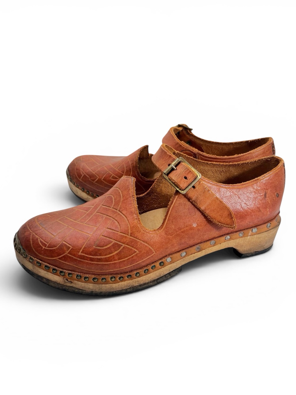 Rare Hand Crafted Celtic Knot Embossed Lancashire-Style Leather & Wood Clogs.